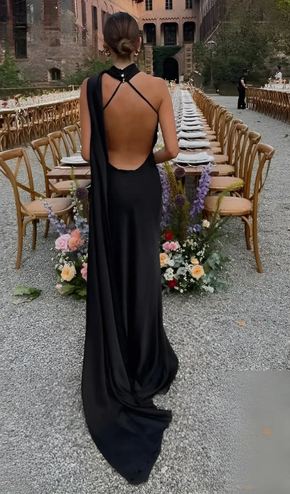 Vestido de Invitada de Boda Largo Elegante Fluido con Espalda Descubierta