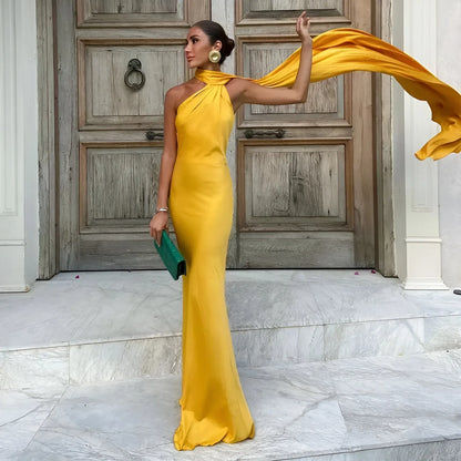 Vestido de Invitada de Boda Largo Elegante Fluido con Espalda Descubierta
