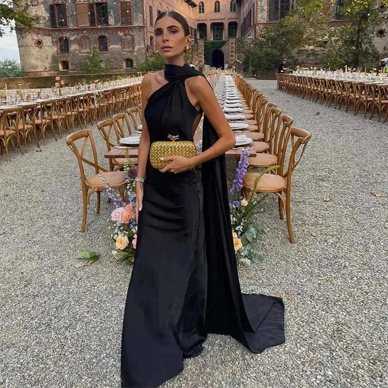Vestido de Invitada de Boda Largo Elegante Fluido con Espalda Descubierta