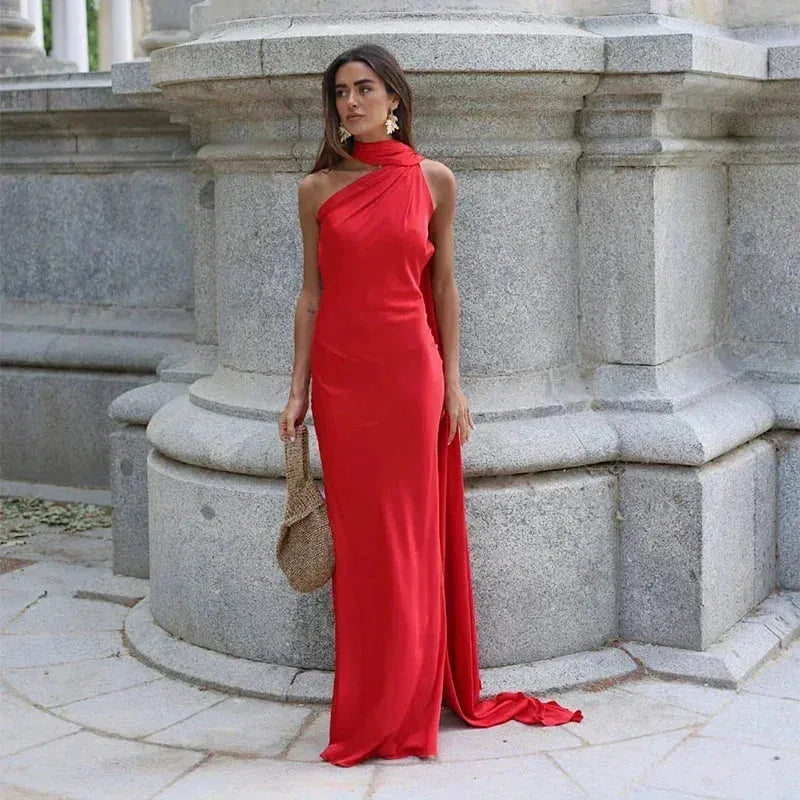 Vestido de Invitada de Boda Largo Elegante Fluido con Espalda Descubierta