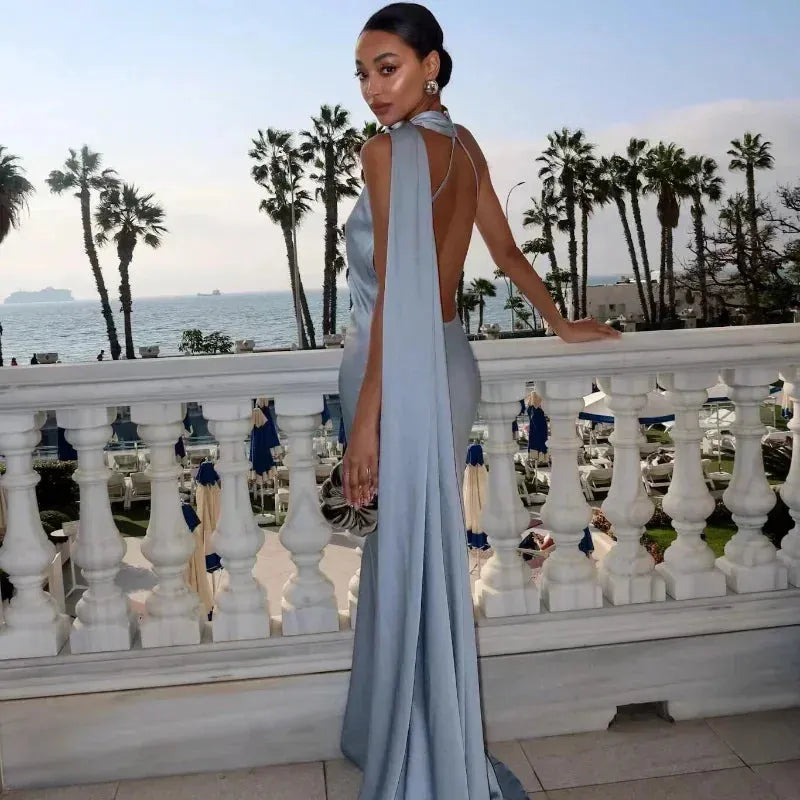 Vestido de Invitada de Boda Largo Elegante Fluido con Espalda Descubierta