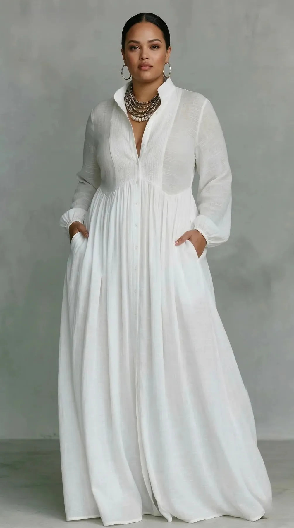 Vestido de Invitada de Boda Largo Elegante Fluido con Manga Larga
