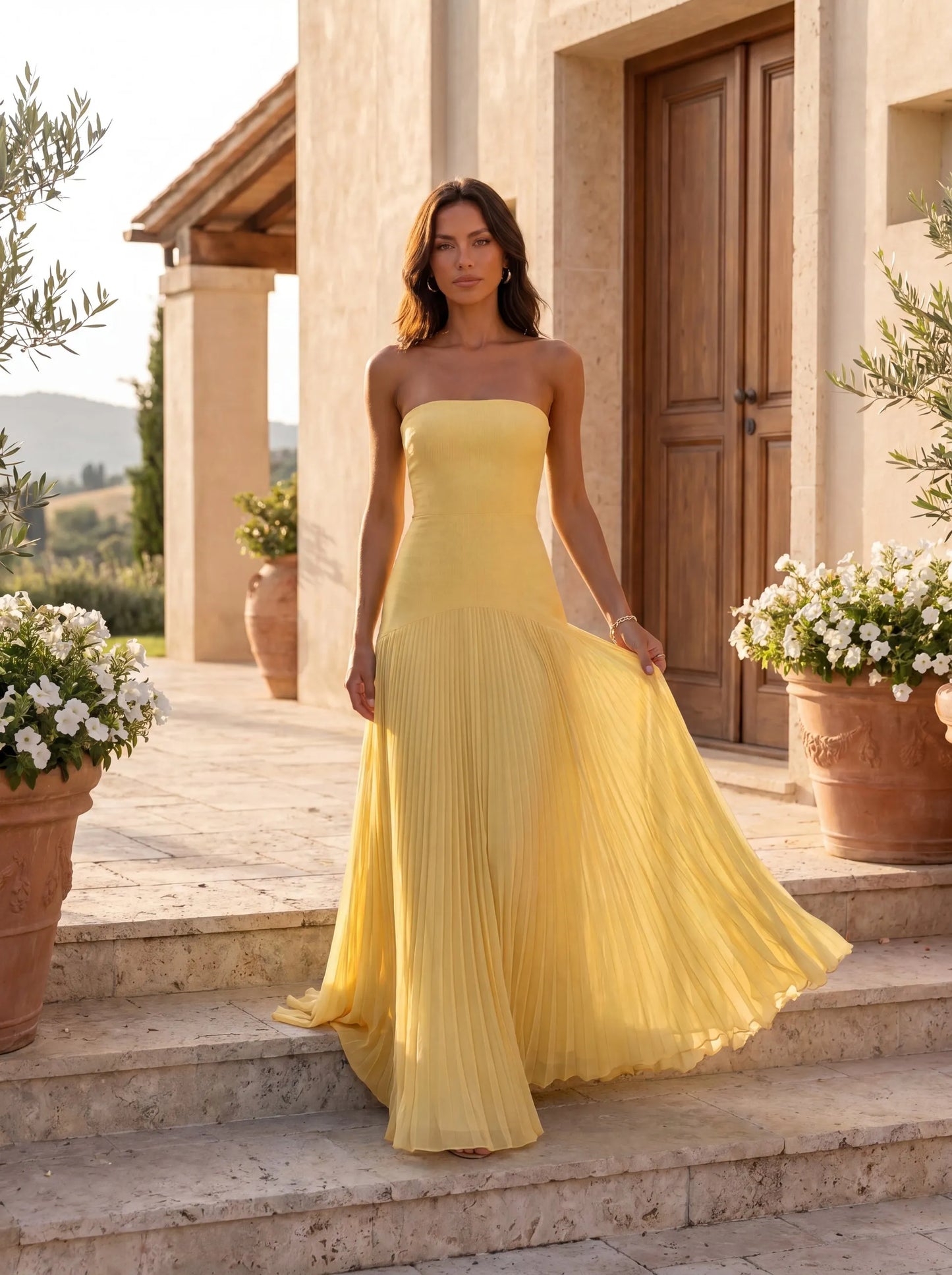 Vestido de Invitada de Boda Largo Elegante Fluido con Palabra de Honor