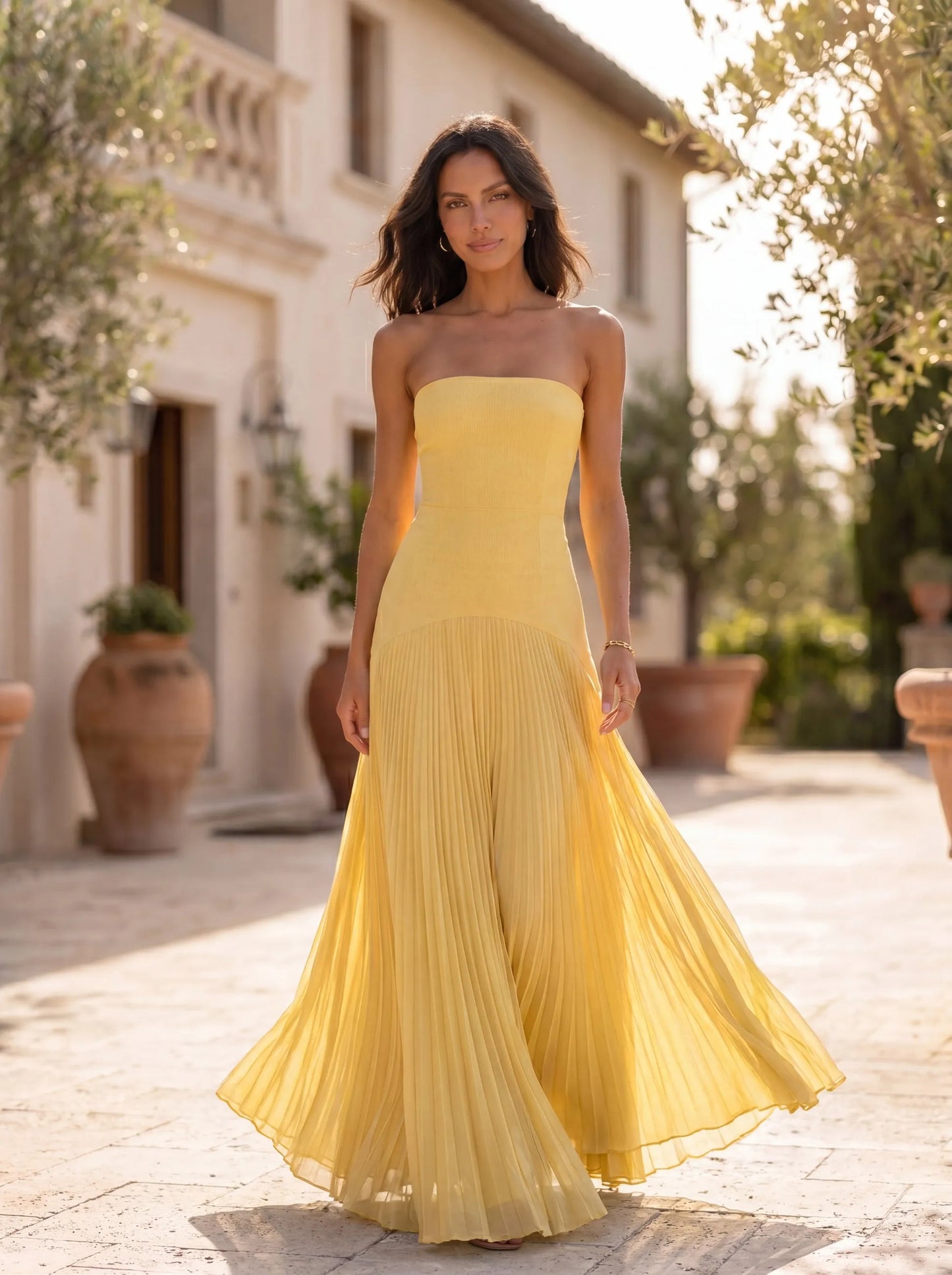 Vestido de Invitada de Boda Largo Elegante Fluido con Palabra de Honor