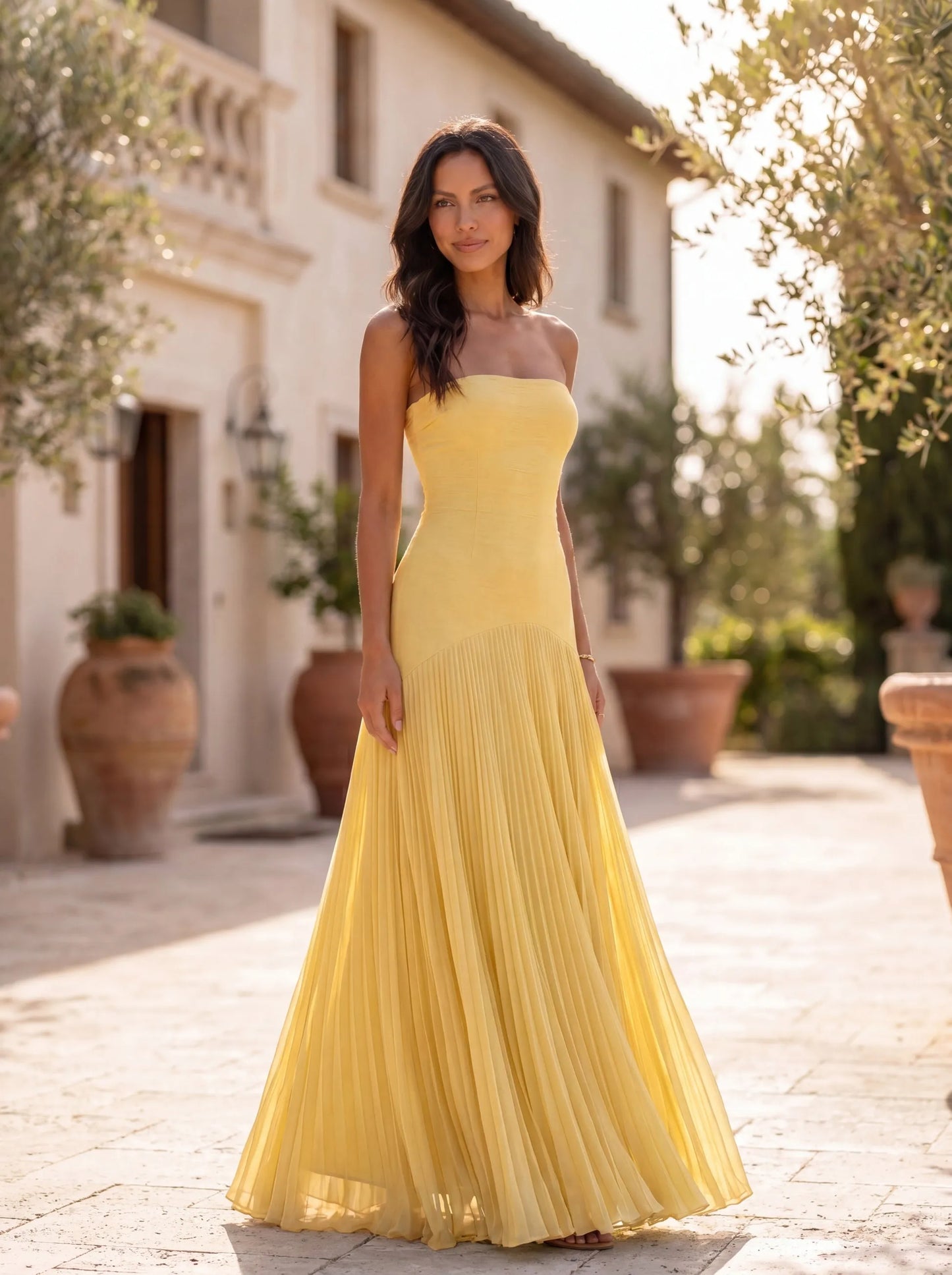 Vestido de Invitada de Boda Largo Elegante Fluido con Palabra de Honor