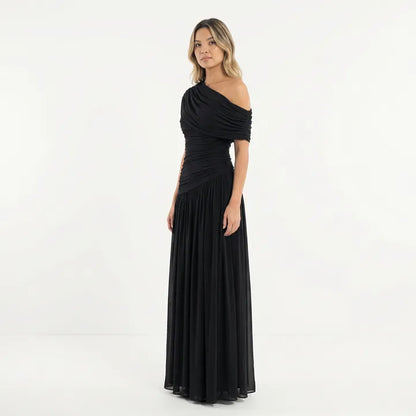 Vestido de Invitada de Boda Largo Elegante Fluido con Plisado