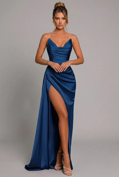Vestido de Invitada de Boda Largo Elegante Formal con Palabra de Honor