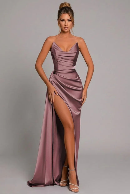 Vestido de Invitada de Boda Largo Elegante Formal con Palabra de Honor