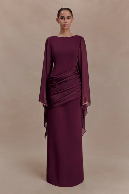 Vestido de Invitada de Boda Largo Elegante Granate con Manga Larga