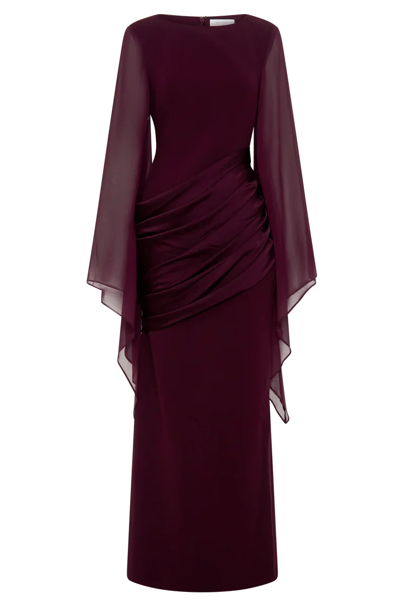 Vestido de Invitada de Boda Largo Elegante Granate con Manga Larga