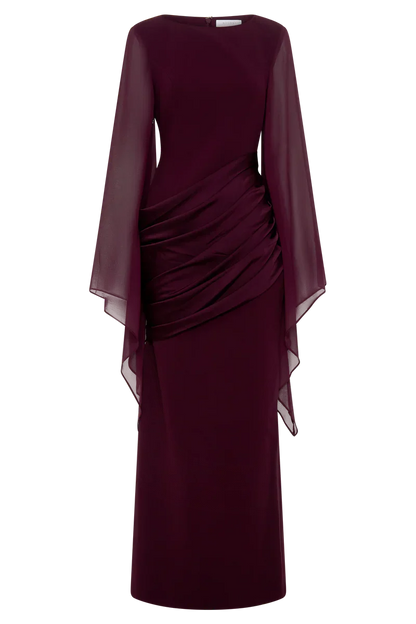 Vestido de Invitada de Boda Largo Elegante Granate con Manga Larga