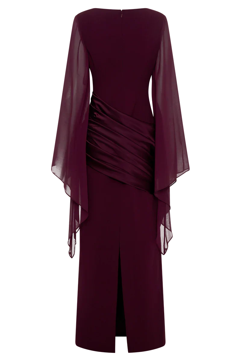 Vestido de Invitada de Boda Largo Elegante Granate con Manga Larga