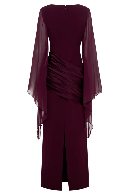 Vestido de Invitada de Boda Largo Elegante Granate con Manga Larga