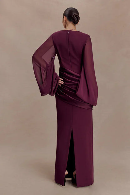 Vestido de Invitada de Boda Largo Elegante Granate con Manga Larga