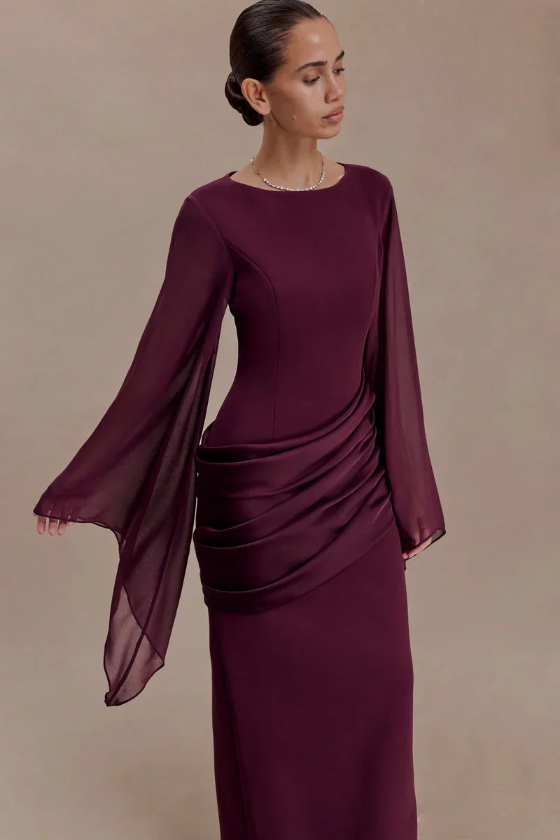 Vestido de Invitada de Boda Largo Elegante Granate con Manga Larga