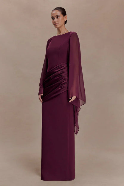 Vestido de Invitada de Boda Largo Elegante Granate con Manga Larga