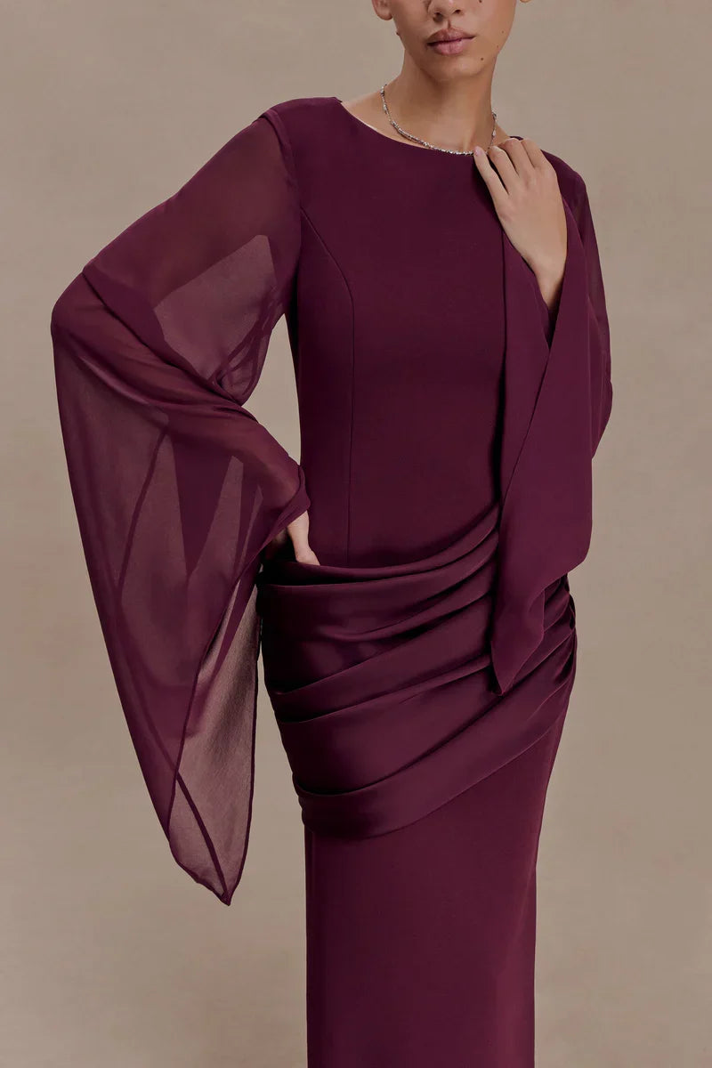 Vestido de Invitada de Boda Largo Elegante Granate con Manga Larga
