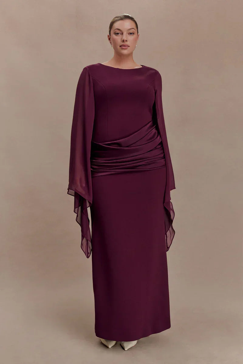 Vestido de Invitada de Boda Largo Elegante Granate con Manga Larga