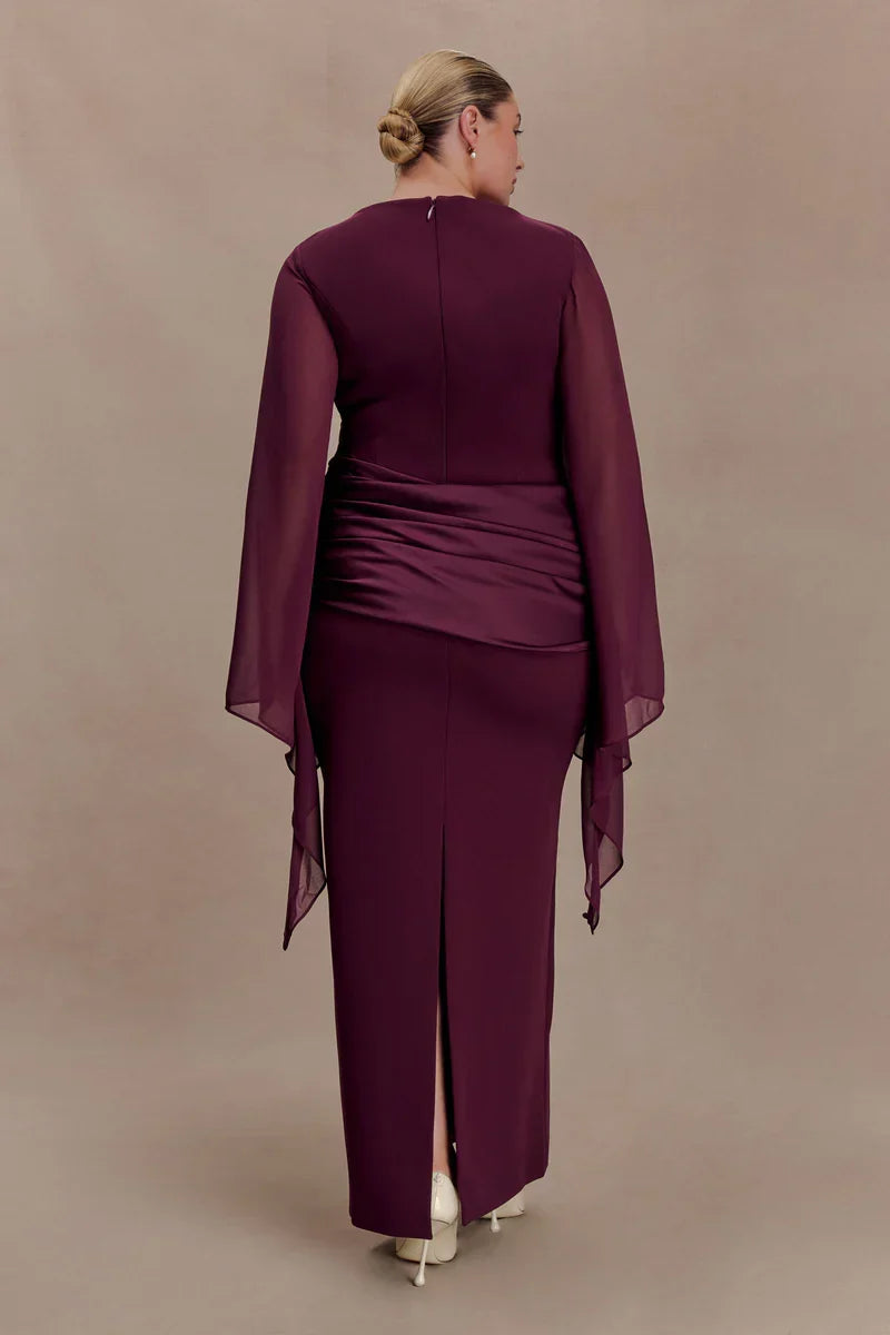 Vestido de Invitada de Boda Largo Elegante Granate con Manga Larga