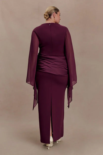 Vestido de Invitada de Boda Largo Elegante Granate con Manga Larga