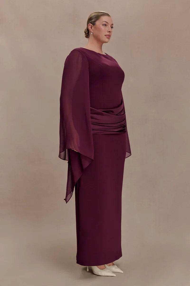 Vestido de Invitada de Boda Largo Elegante Granate con Manga Larga