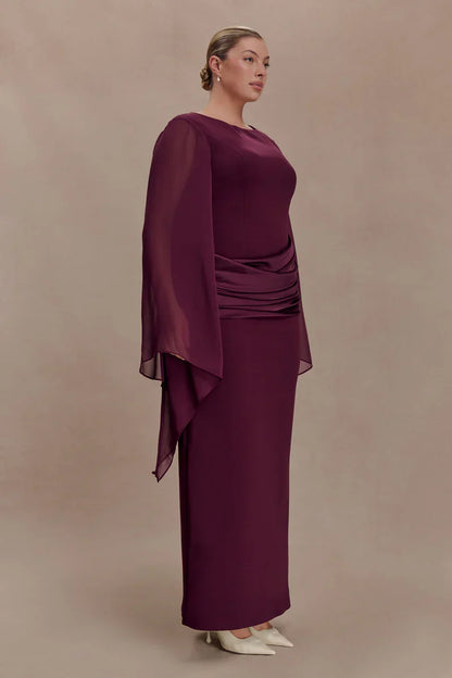 Vestido de Invitada de Boda Largo Elegante Granate con Manga Larga