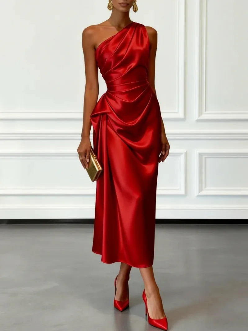 Vestido de Invitada de Boda Largo Elegante Hombro con Drapeado