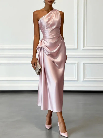 Vestido de Invitada de Boda Largo Elegante Hombro con Drapeado