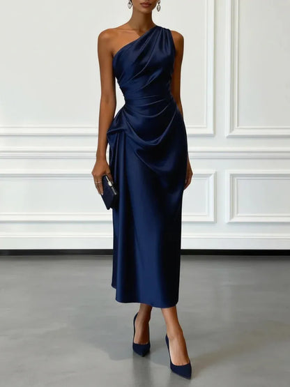 Vestido de Invitada de Boda Largo Elegante Hombro con Drapeado