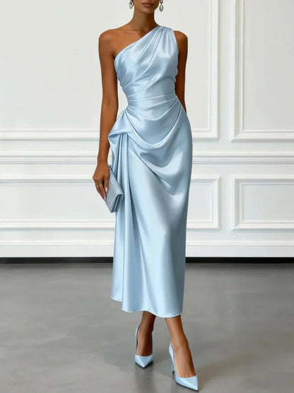 Vestido de Invitada de Boda Largo Elegante Hombro con Drapeado