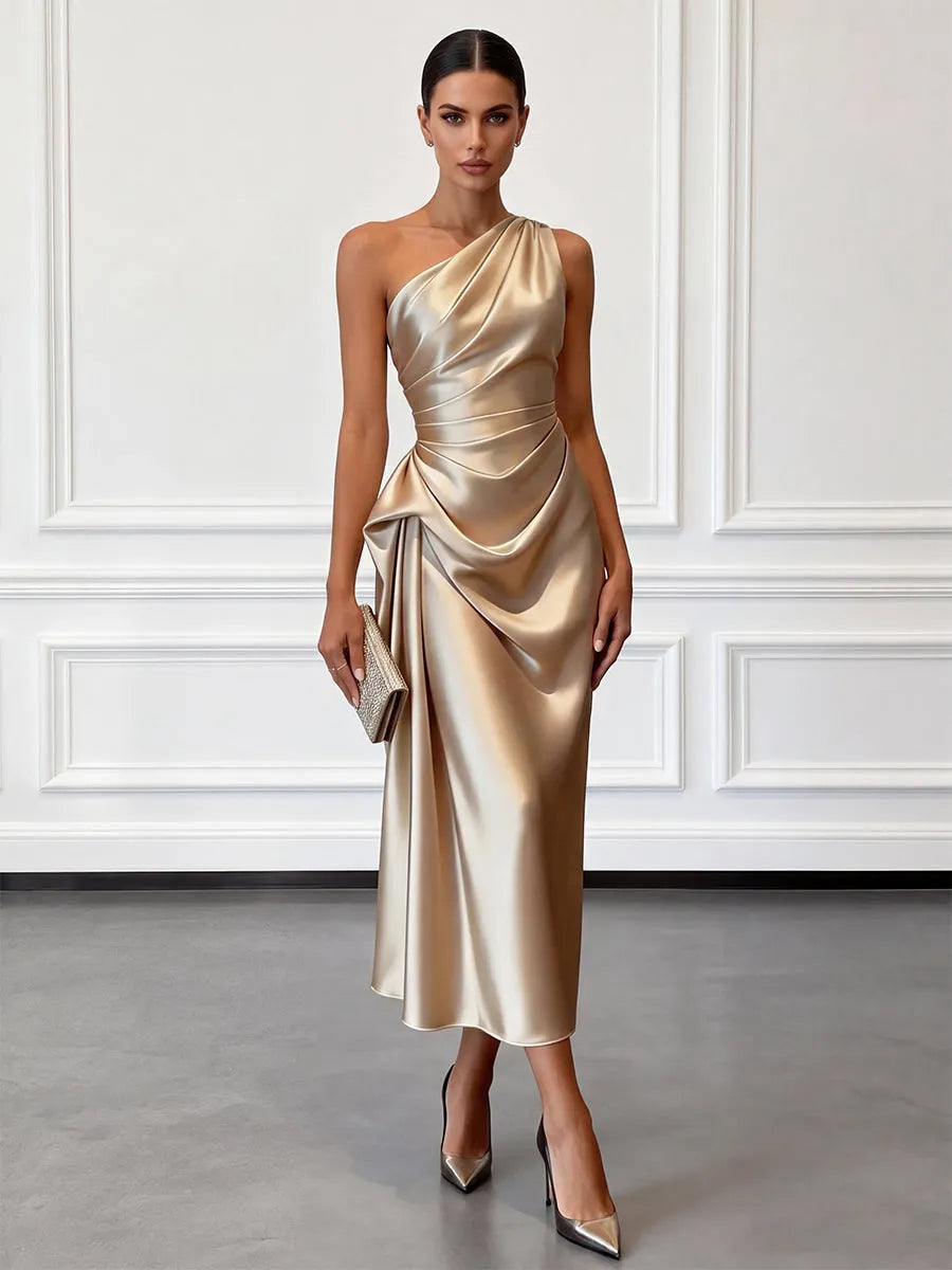 Vestido de Invitada de Boda Largo Elegante Hombro con Drapeado