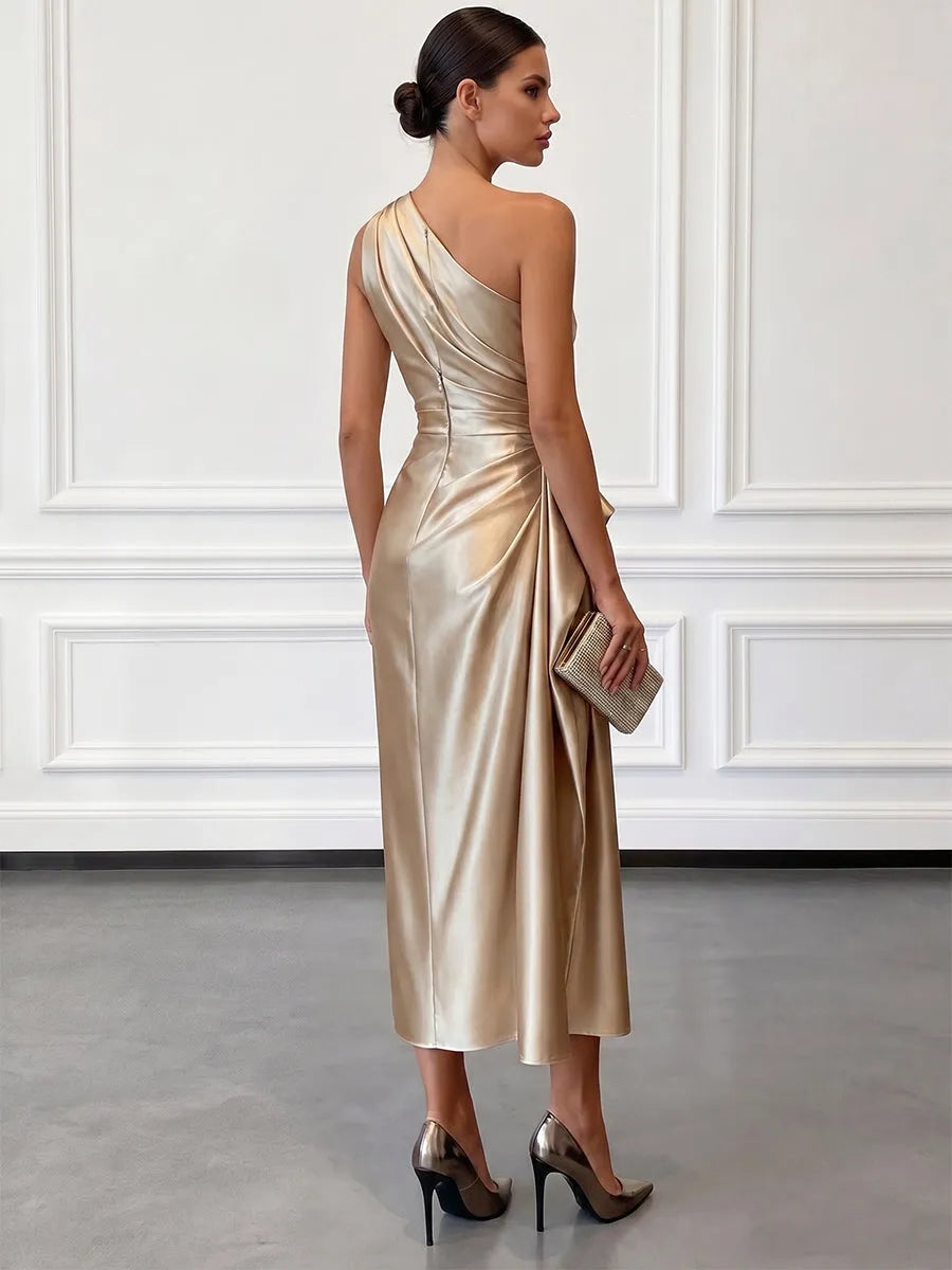 Vestido de Invitada de Boda Largo Elegante Hombro con Drapeado