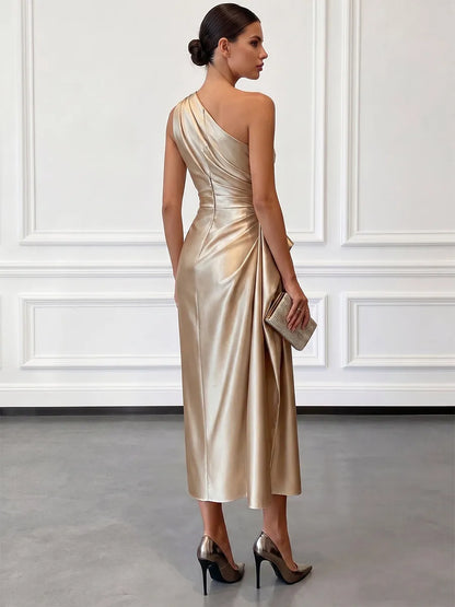 Vestido de Invitada de Boda Largo Elegante Hombro con Drapeado