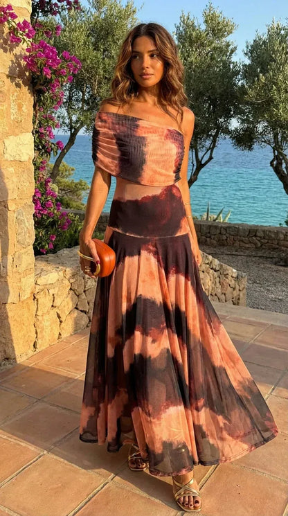 Vestido de Invitada de Boda Largo Elegante Hombros Descubiertos con Asimétrico