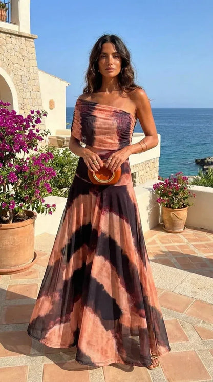 Vestido de Invitada de Boda Largo Elegante Hombros Descubiertos con Asimétrico