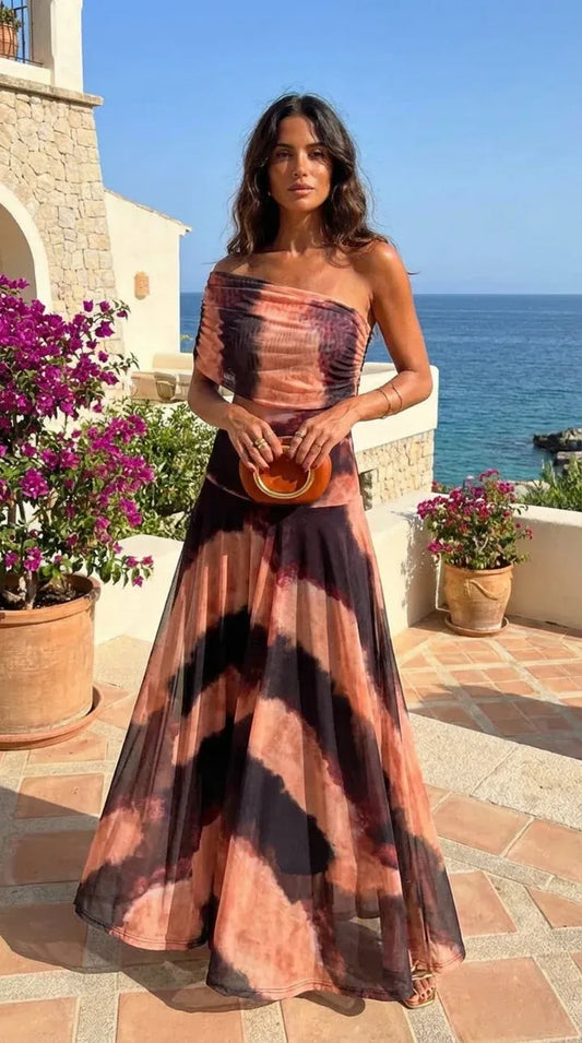 Vestido de Invitada de Boda Largo Elegante Hombros Descubiertos con Asimétrico
