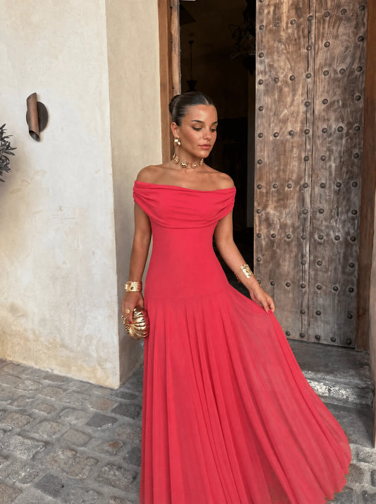 Vestido de Invitada de Boda Largo Elegante Hombros Descubiertos con Drapeado