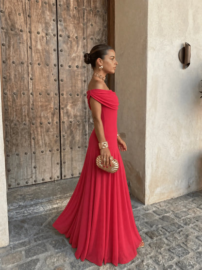 Vestido de Invitada de Boda Largo Elegante Hombros Descubiertos con Drapeado
