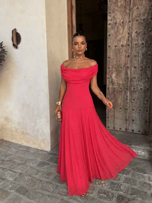 Vestido de Invitada de Boda Largo Elegante Hombros Descubiertos con Drapeado