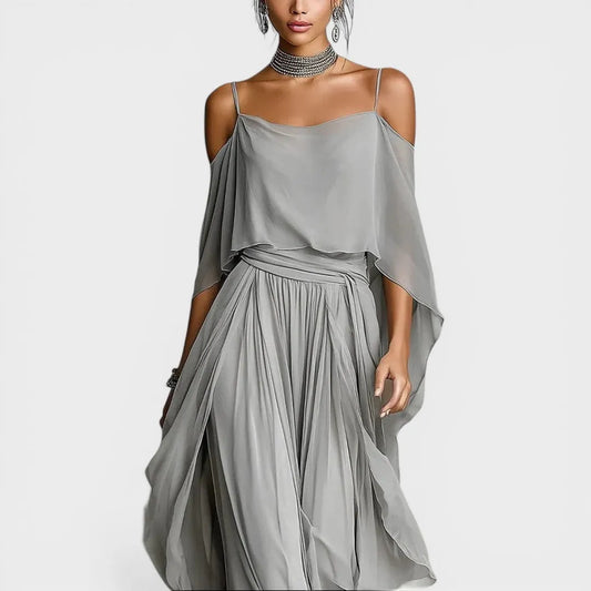 Vestido de Invitada de Boda Largo Elegante Hombros Descubiertos con Draped