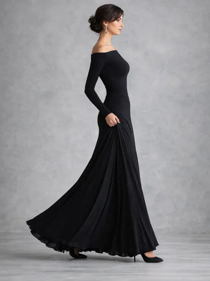 Vestido de Invitada de Boda Largo Elegante Hombros Descubiertos con Plisado