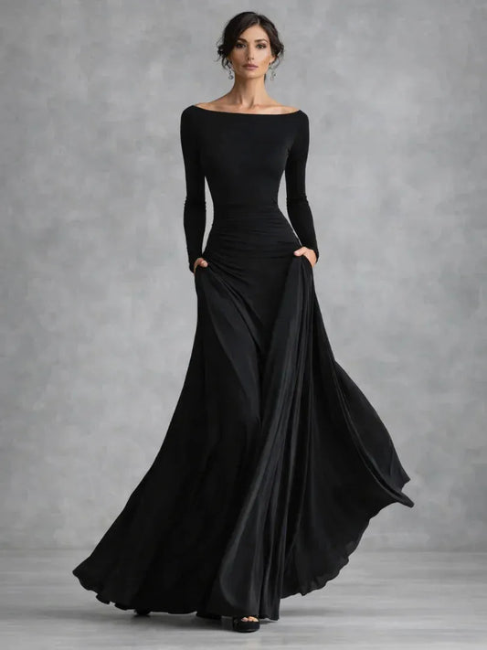 Vestido de Invitada de Boda Largo Elegante Hombros Descubiertos con Plisado