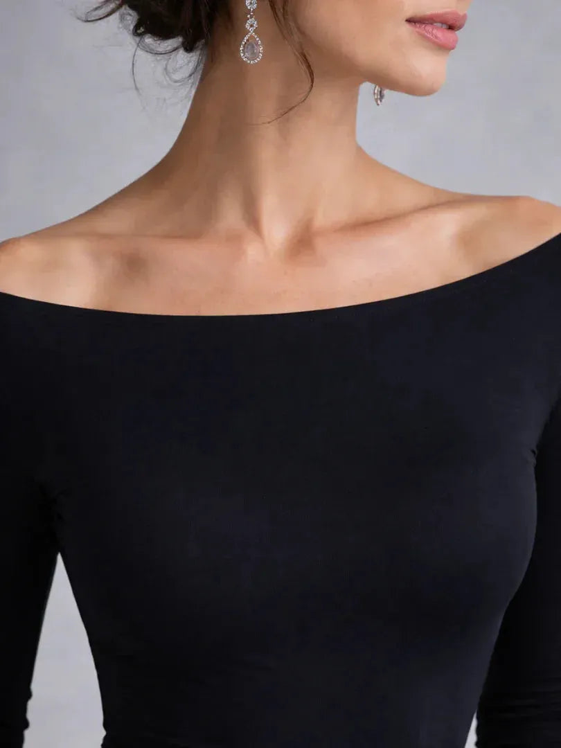 Vestido de Invitada de Boda Largo Elegante Hombros Descubiertos con Plisado