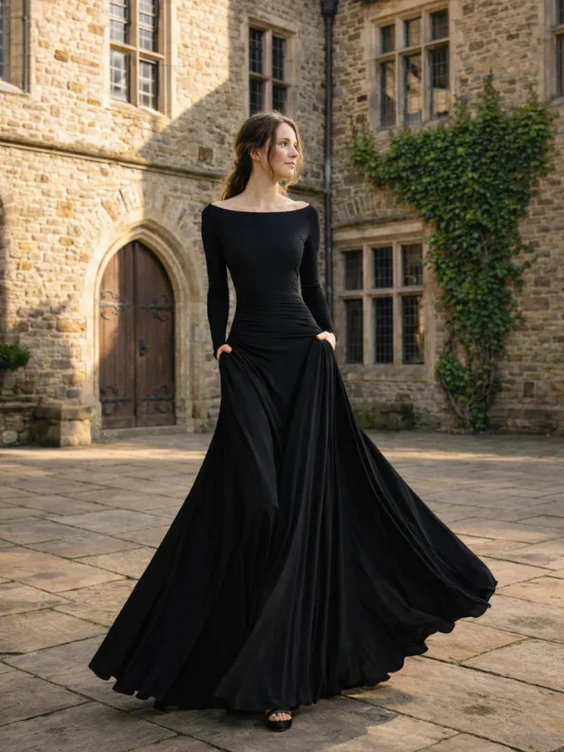Vestido de Invitada de Boda Largo Elegante Hombros Descubiertos con Plisado