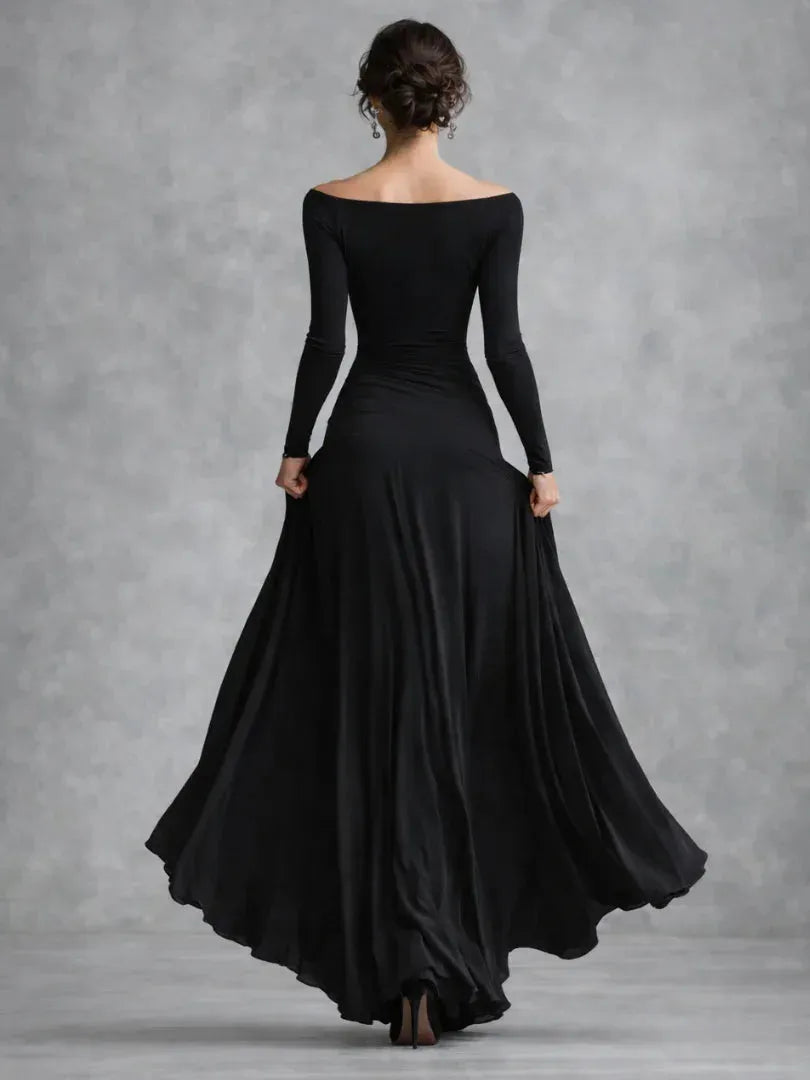 Vestido de Invitada de Boda Largo Elegante Hombros Descubiertos con Plisado