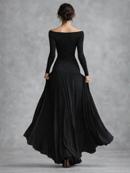 Vestido de Invitada de Boda Largo Elegante Hombros Descubiertos con Plisado