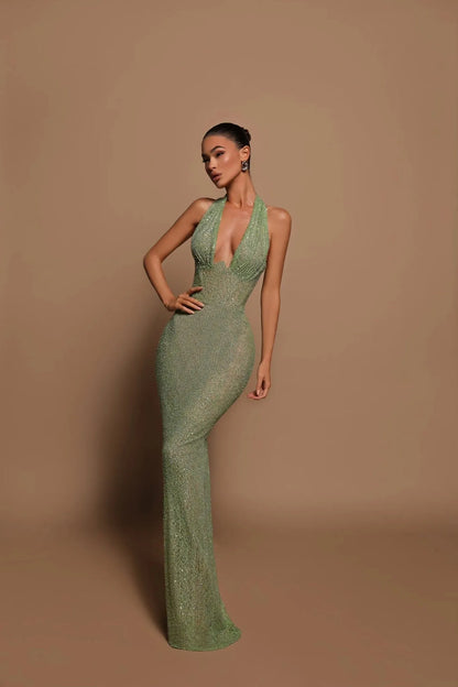 Vestido de Invitada de Boda Largo Elegante Lentejuelas con Cuello Halter