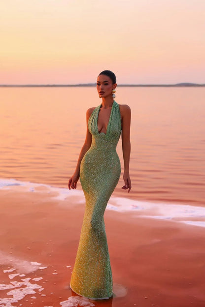 Vestido de Invitada de Boda Largo Elegante Lentejuelas con Cuello Halter