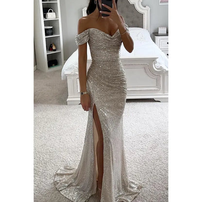 Vestido de Invitada de Boda Largo Elegante Lentejuelas con Hombros Descubiertos