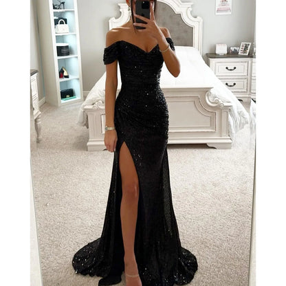 Vestido de Invitada de Boda Largo Elegante Lentejuelas con Hombros Descubiertos